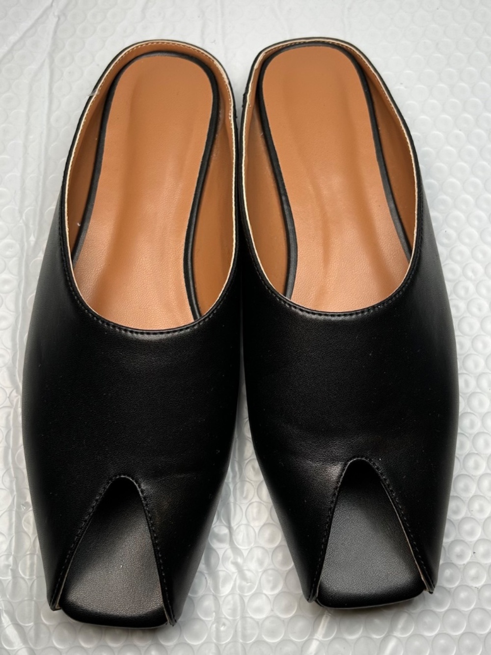 Women Black P-Leather Peep Toe Flat Mules Square Chisel Toe Slip-on Design Sz 7